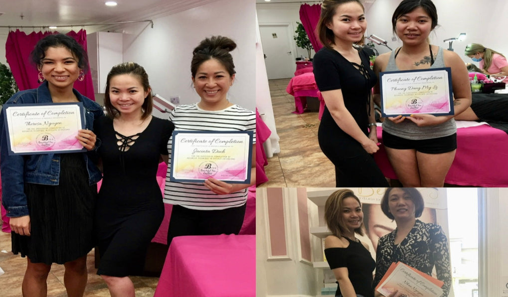 Collage of women holding certificates in a room with pink decorations.