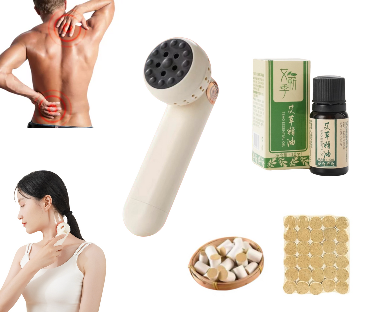 Natural Bian Stone Moxibustion Gua Sha with Moxa Sticks and Essential Oil