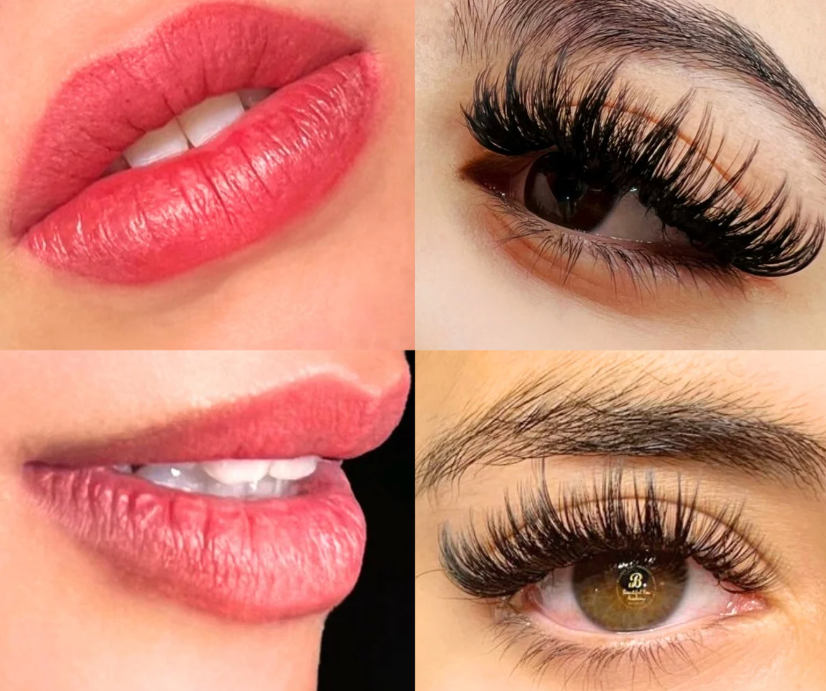 Collage of close-up shots of lips and eyes with makeup.